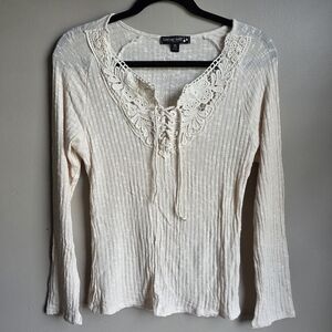 Living Doll Crochet Lace Lace-up Neckline Ribbed Long Sleeve Top Size XL Cream